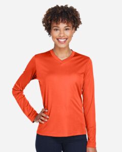 Team 365 TT11WL Women’s Zone Performance Long Sleeve T-Shirt – Sport Orange (on model)