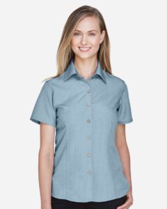 Harriton M560W Women’s Barbados Textured Camp Shirt – Cloud Blue (on model)