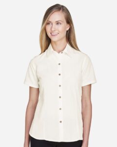 Harriton M560W Women’s Barbados Textured Camp Shirt – Cream (on model)