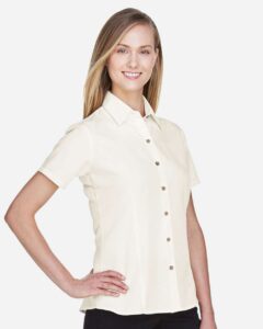 Harriton M560W Women’s Barbados Textured Camp Shirt – Cream (on model side)