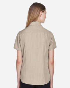 Harriton M560W Women’s Barbados Textured Camp Shirt – Khaki (on model back)