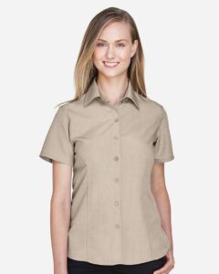 Harriton M560W Women’s Barbados Textured Camp Shirt – Khaki (on model)