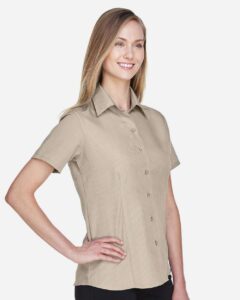 Harriton M560W Women’s Barbados Textured Camp Shirt – Khaki (on model side)