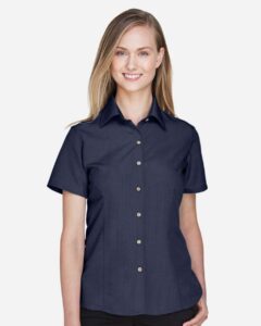 Harriton M560W Women’s Barbados Textured Camp Shirt – Navy (on model)