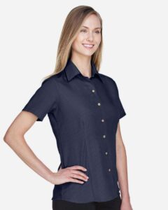 Harriton M560W Women’s Barbados Textured Camp Shirt – Navy (on model side)