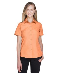 Harriton M560W Women’s Barbados Textured Camp Shirt – Nectarine (on model)