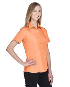 Harriton M560W Women’s Barbados Textured Camp Shirt – Nectarine (on model side)