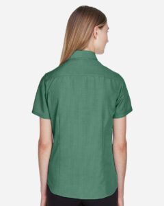 Harriton M560W Women’s Barbados Textured Camp Shirt – Palm Green (on model back)