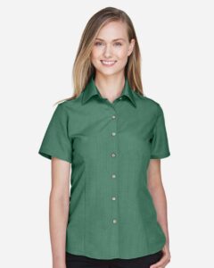 Harriton M560W Women’s Barbados Textured Camp Shirt – Palm Green (on model)