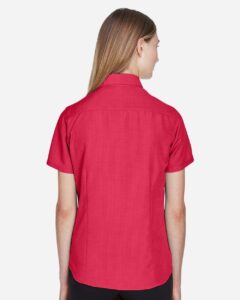 Harriton M560W Women’s Barbados Textured Camp Shirt – Parrot Red (on model back)