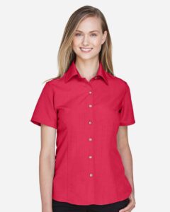 Harriton M560W Women’s Barbados Textured Camp Shirt – Parrot Red (on model)