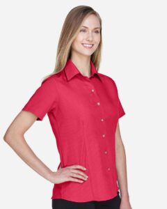 Harriton M560W Women’s Barbados Textured Camp Shirt – Parrot Red (on model side)