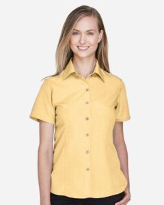 Harriton M560W Women’s Barbados Textured Camp Shirt – Pineapple (on model)
