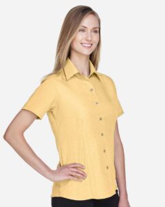 Harriton M560W Women’s Barbados Textured Camp Shirt – Pineapple (on model side)
