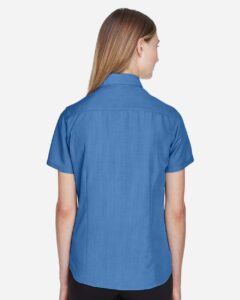 Harriton M560W Women’s Barbados Textured Camp Shirt – Pool Blue (on model back)