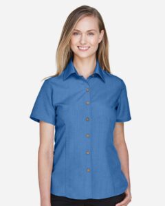 Harriton M560W Women’s Barbados Textured Camp Shirt – Pool Blue (on model)