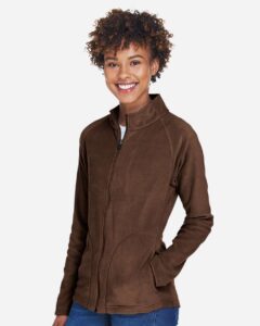Team 365 TT90W Women’s Campus Microfleece Jacket – Sport Dark Brown (on model side)