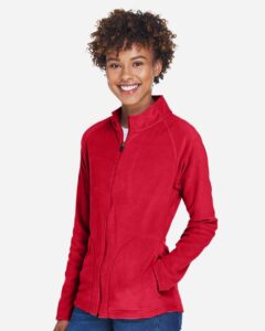 Team 365 TT90W Women’s Campus Microfleece Jacket – Sport Red (on model side)