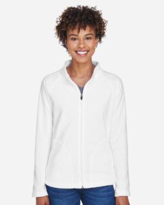 Team 365 TT90W Women’s Campus Microfleece Jacket – White (on model)