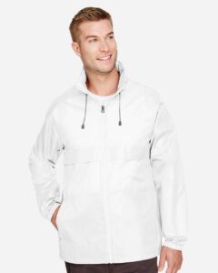 Team 365 TT73 Unisex Zone Protect Lightweight Jacket – White (on model)