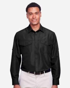 Harriton M580L Men’s Key West Performance Staff Shirt – Black (on model)