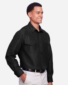 Harriton M580L Men’s Key West Performance Staff Shirt – Black (on model side)