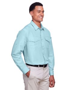 Harriton M580L Men’s Key West Performance Staff Shirt – Cloud Blue (on model side)