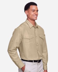 Harriton M580L Men’s Key West Performance Staff Shirt – Khaki (on model side)