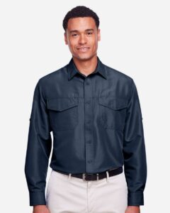 Harriton M580L Men’s Key West Performance Staff Shirt – Navy (on model)