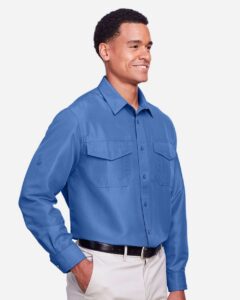 Harriton M580L Men’s Key West Performance Staff Shirt – Pool Blue (on model side)