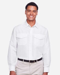 Harriton M580L Men’s Key West Performance Staff Shirt – White (on model)