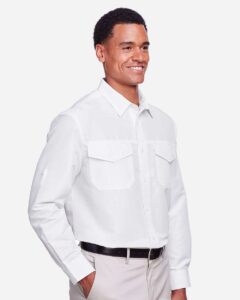 Harriton M580L Men’s Key West Performance Staff Shirt – White (on model side)