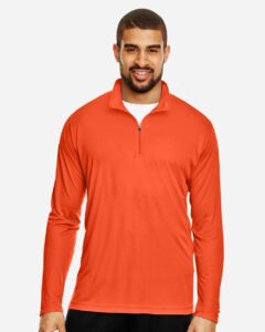 Team 365 TT31 Men’s Zone Performance Quarter-Zip Pullover – Sport Orange (on model)