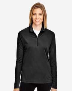 Team 365 TT31W Women’s Zone Performance Quarter-Zip Pullover – Black (on model)