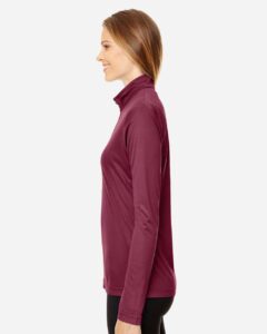 Team 365 TT31W Women’s Zone Performance Quarter-Zip Pullover – Sport Maroon (on model side)