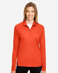 Team 365 TT31W Women’s Zone Performance Quarter-Zip Pullover – Sport Orange (on model)