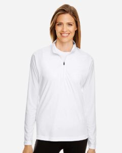 Team 365 TT31W Women’s Zone Performance Quarter-Zip Pullover – White (on model)