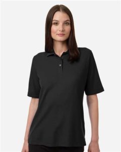 Harriton M105W Women’s Maverick CVC Pique Polo – Black (on model)