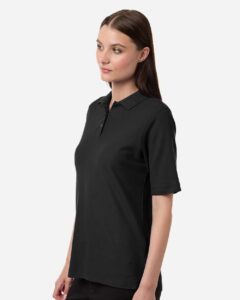 Harriton M105W Women’s Maverick CVC Pique Polo – Black (on model side)