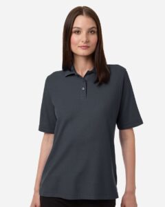 Harriton M105W Women’s Maverick CVC Pique Polo – Dark Charcoal (on model)