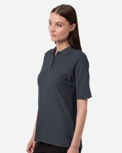 Harriton M105W Women’s Maverick CVC Pique Polo – Dark Charcoal (on model side)