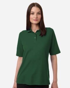 Harriton M105W Women’s Maverick CVC Pique Polo – Dark Green (on model)