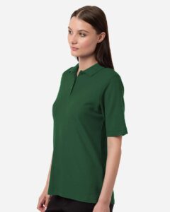Harriton M105W Women’s Maverick CVC Pique Polo – Dark Green (on model side)