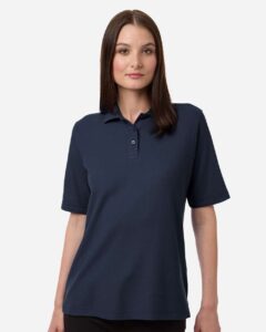 Harriton M105W Women’s Maverick CVC Pique Polo – Dark Navy (on model)