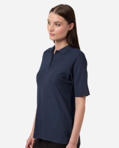 Harriton M105W Women’s Maverick CVC Pique Polo – Dark Navy (on model side)