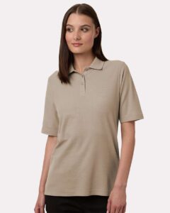 Harriton M105W Women’s Maverick CVC Pique Polo – Khaki (on model)