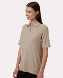 Harriton M105W Women’s Maverick CVC Pique Polo – Khaki (on model side)