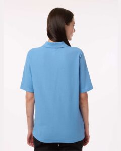 Harriton M105W Women’s Maverick CVC Pique Polo – Light College Blue (on model back)