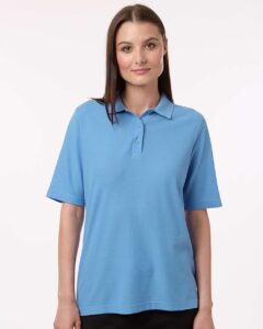 Harriton M105W Women’s Maverick CVC Pique Polo – Light College Blue (on model)