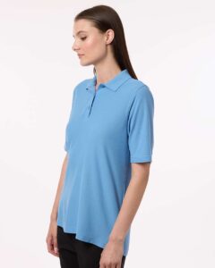 Harriton M105W Women’s Maverick CVC Pique Polo – Light College Blue (on model side)